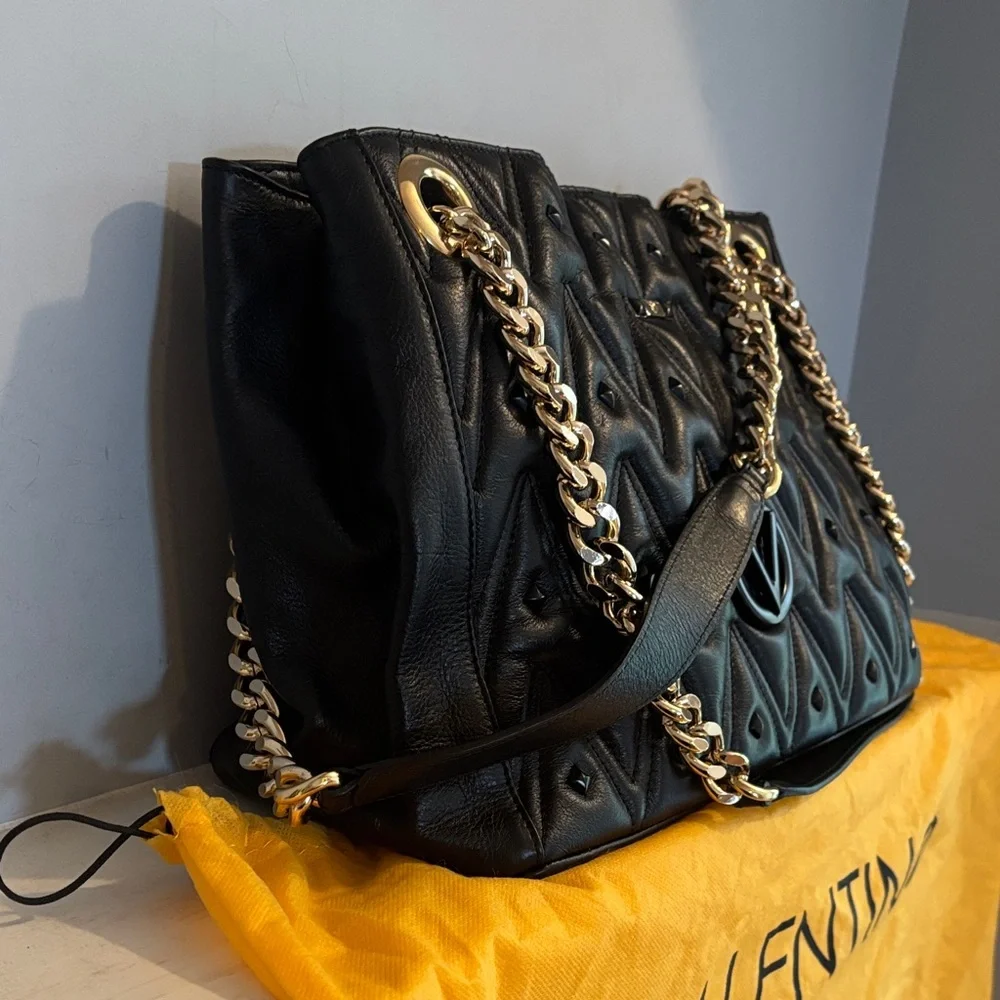 Valentino Luisa Studs Black Sauvage Leather Gold Chain Tote Shoulder Bag